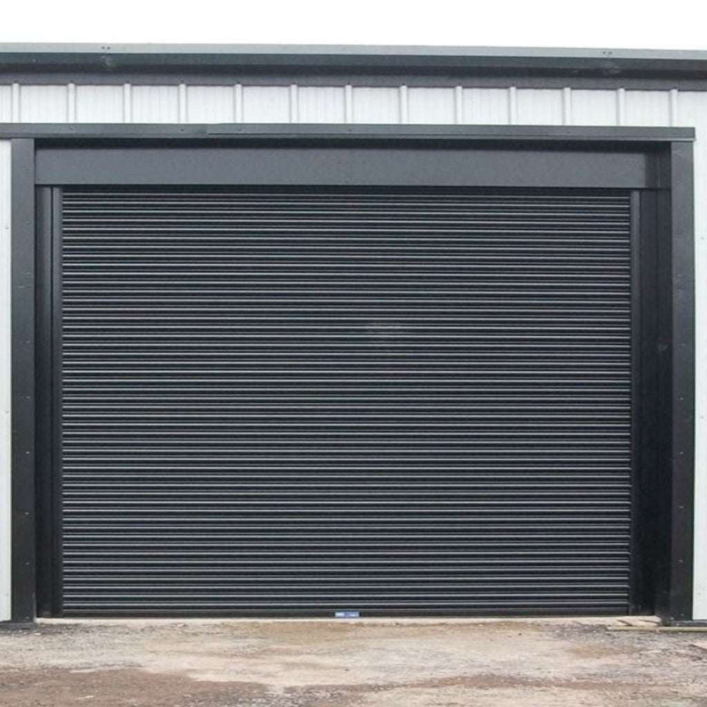 Black roller shutter door on a building exterior