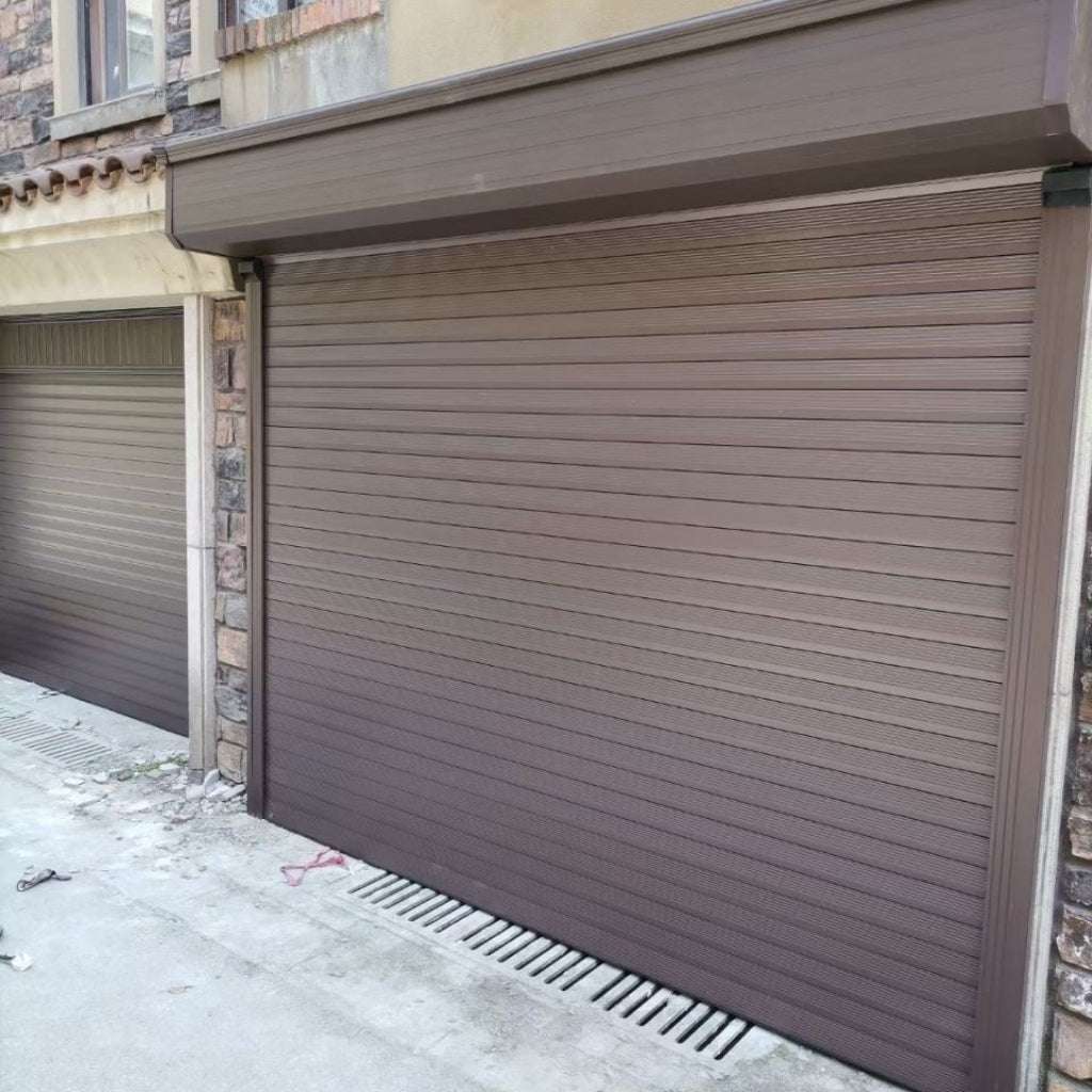Brown garage door on a building with stone facade