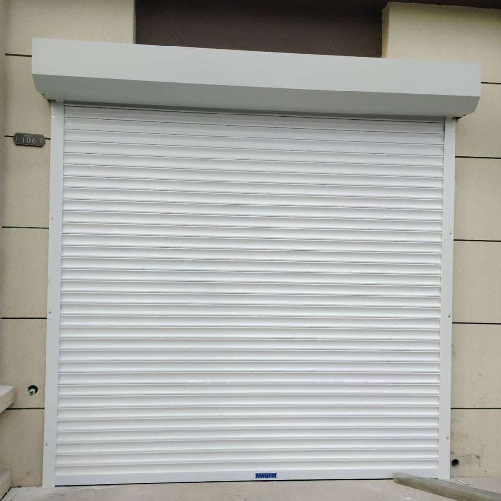 White roller shutter on a building facade