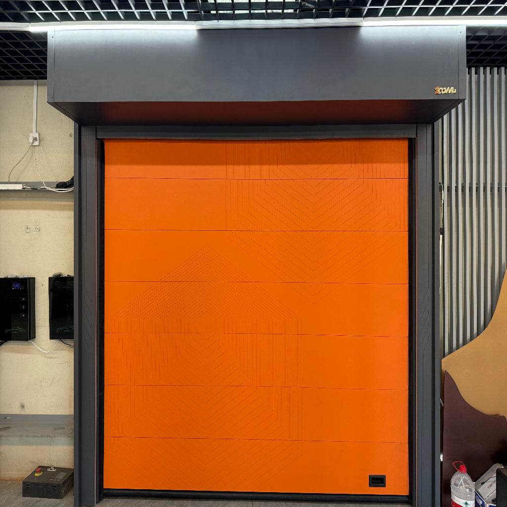Bold Orange Rolling Garage Door with Modern Geometric Design - BOLANG DOOR