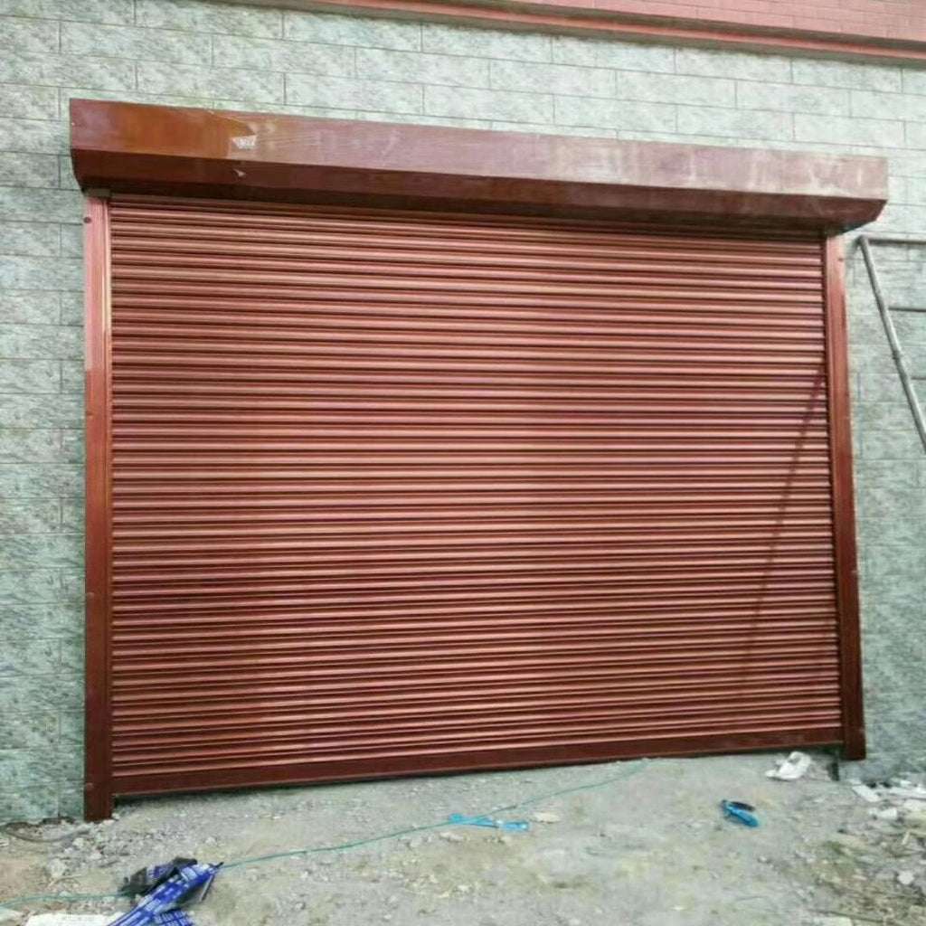 Brown rolling shutter door on a building exterior