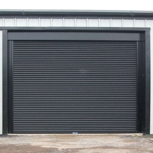 Black roller shutter door on a building exterior